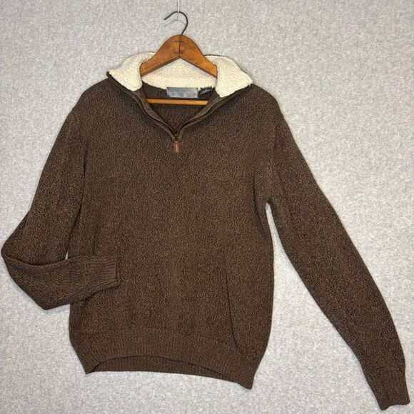 Oscar De La Renta‎ Sweater Mens Medium Brown Pullover 1/4 Zip Sherpa Collar - Picture 1 of 8